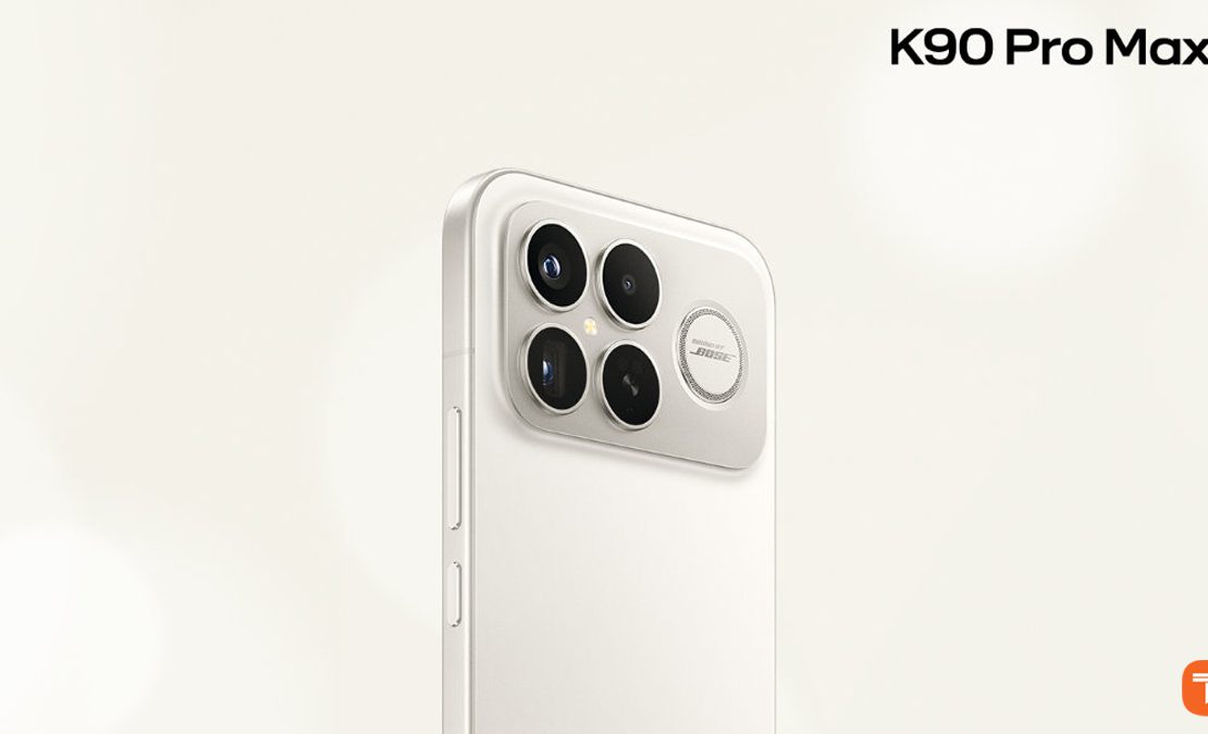 گوشی شیائومی Redmi K90 Pro Max در رنگ سفید طلایی روان با ماژول دوربین Bose