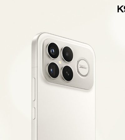 گوشی شیائومی Redmi K90 Pro Max در رنگ سفید طلایی روان با ماژول دوربین Bose