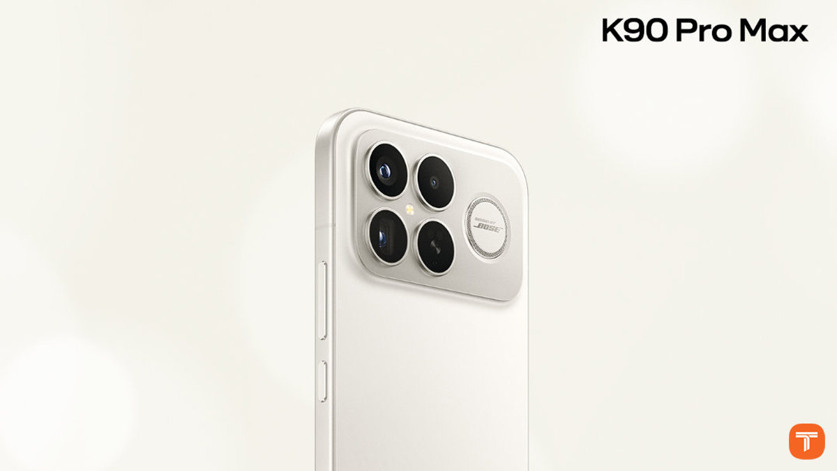گوشی شیائومی Redmi K90 Pro Max در رنگ سفید طلایی روان با ماژول دوربین Bose