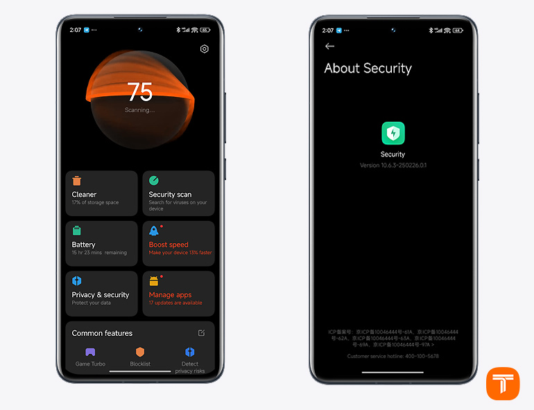 رابط کاربری برنامه امنیت HyperOS در گوشی شیائومی